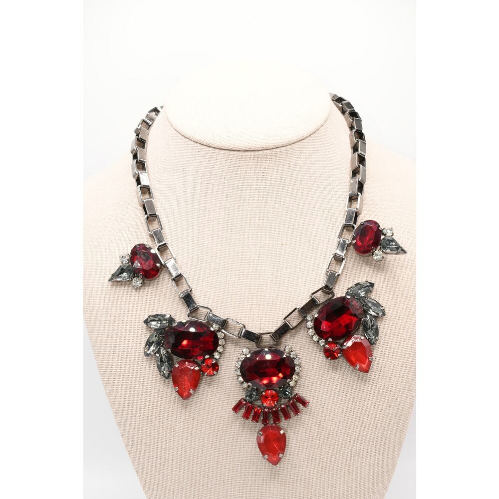 Red Rhinestone Statement Necklace Gunmetal Gray Box Chain 19 Inch